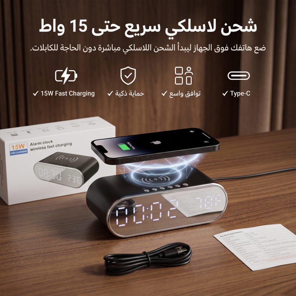 منبه رقمي مع شحن لاسلكي 15 واط وضمان عام