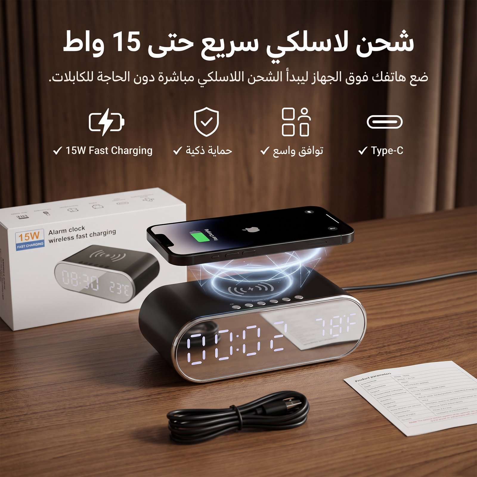 منبه رقمي مع شحن لاسلكي 15 واط - صورة 1